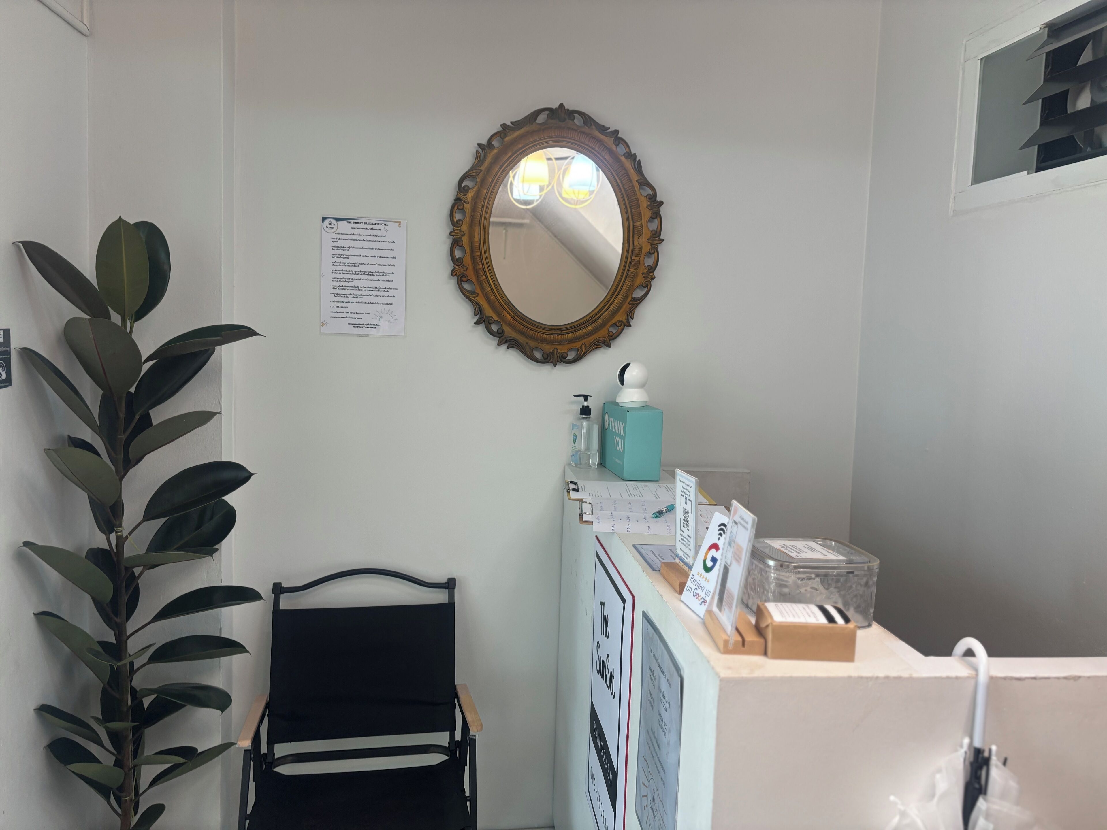 A hotel room with a large mirror, a black chair, a plant, a desk with a bottle and a box, and a window with blinds.