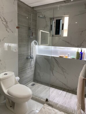 Shower, hair dryer, towels, soap