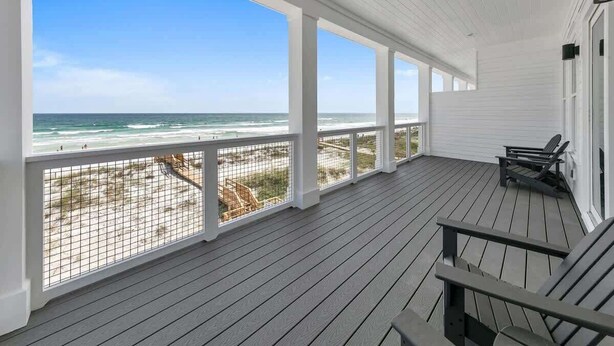 A covered porch with a view of the beach and ocean. - Sunrise A🌞Waterfront👙Pool & Hot Tub🐶Dogs OK (Okaloosa Island)