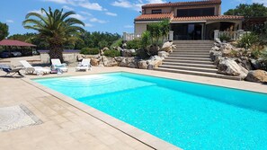 Seasonal outdoor pool, pool umbrellas, pool loungers