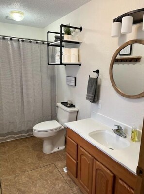 Bathroom features a toilet, sink, and mirror, with a shower curtain, towel rack, and toiletries on a shelf.
