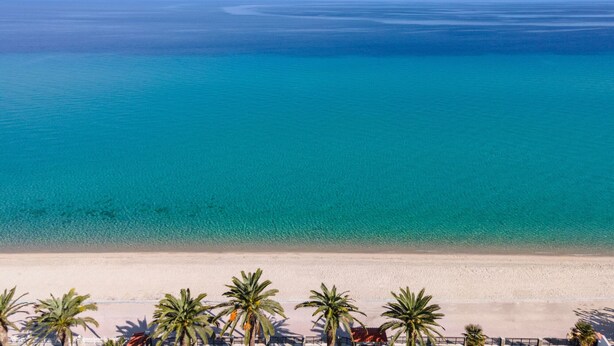 A beach with clear turquoise water, sandy shore, and palm trees. - Amalthia Luxury Suites (Kassandra)