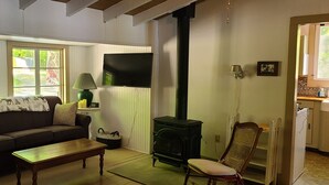 Ein gemütliches Wohnzimmer mit einer Couch, einem Couchtisch, einem Kamin, einem Fernseher und Blick ins Freie.