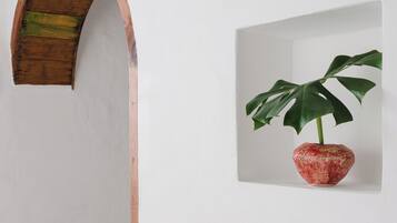 Una habitación con un arco de madera, una pared blanca y una planta en maceta con hojas verdes grandes.