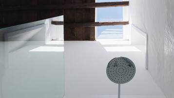 A modern bathroom with a glass shower enclosure, a round showerhead, and a view of the sky through a skylight.