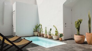 A small pool area with a few potted cacti, a door, and a bench. - Casa de las Flores - Hotel Boutique Lanzarote (Teguise)