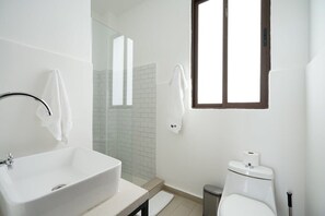Dusche, Haartrockner, Handtücher, Shampoo