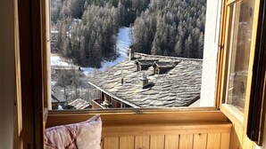 A cozy room with a wooden bench, a fluffy white cushion, and a view of a snowy forest and buildings. - In Evolene, sunny studio with stunning view over the mountains (Evolène)