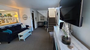 TV connectée, cheminée, lecteur de DVD, livres