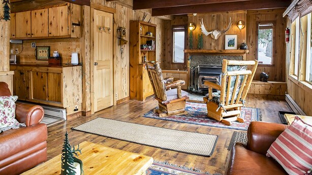 L’intérieur d’un chalet rustique, avec des murs en bois, une cheminée, un coin repas et un espace salon confortable.