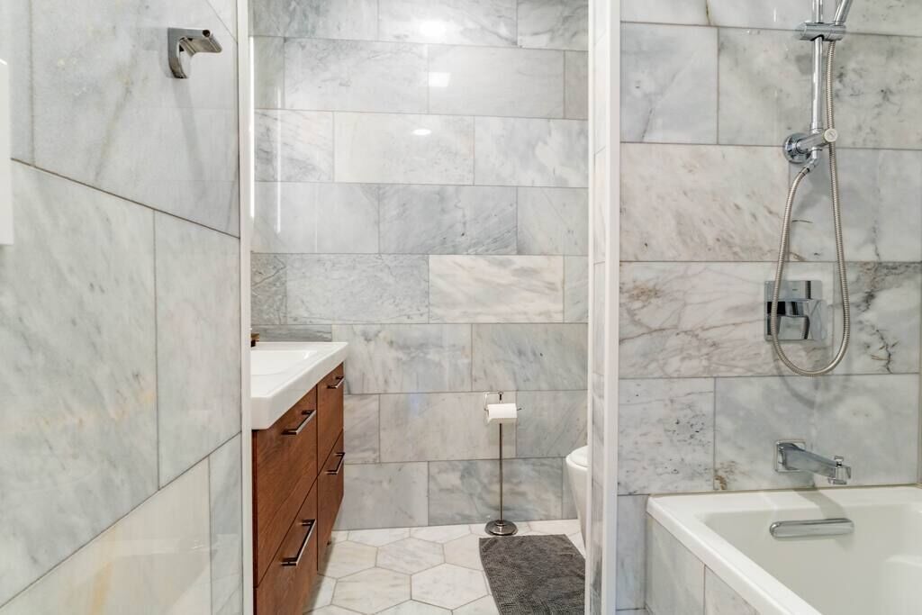 Hair dryer, bidet, towels, soap