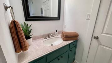 Hair dryer, bidet, towels, soap