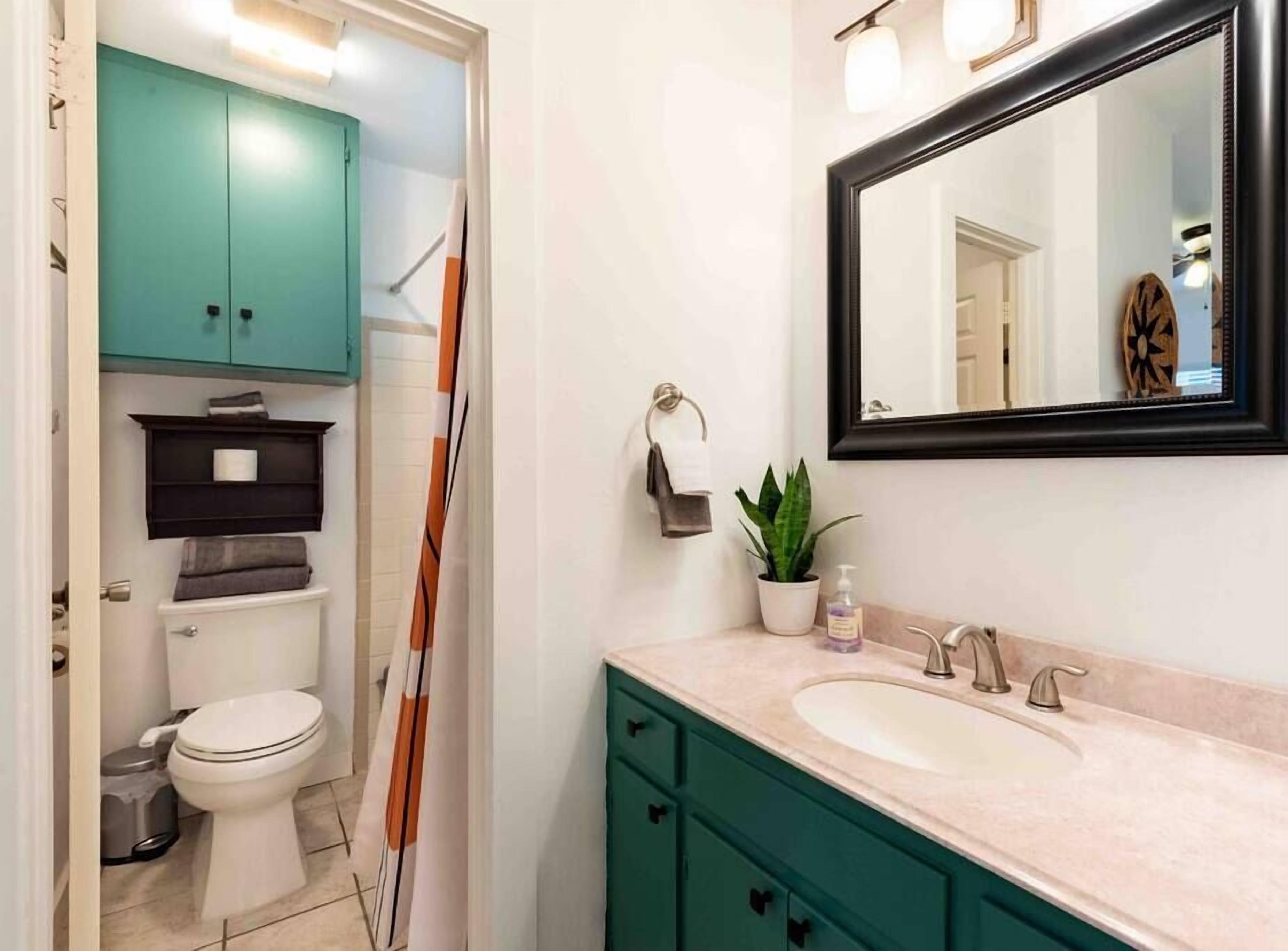 A bathroom with a toilet, sink, mirror, and teal cabinets.