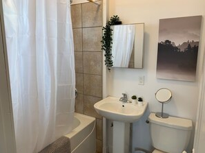 Bathtub, hair dryer, towels