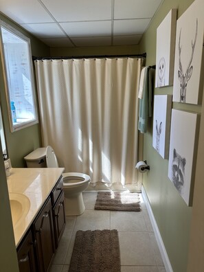 Een haardroger, handdoeken, zeep, shampoo