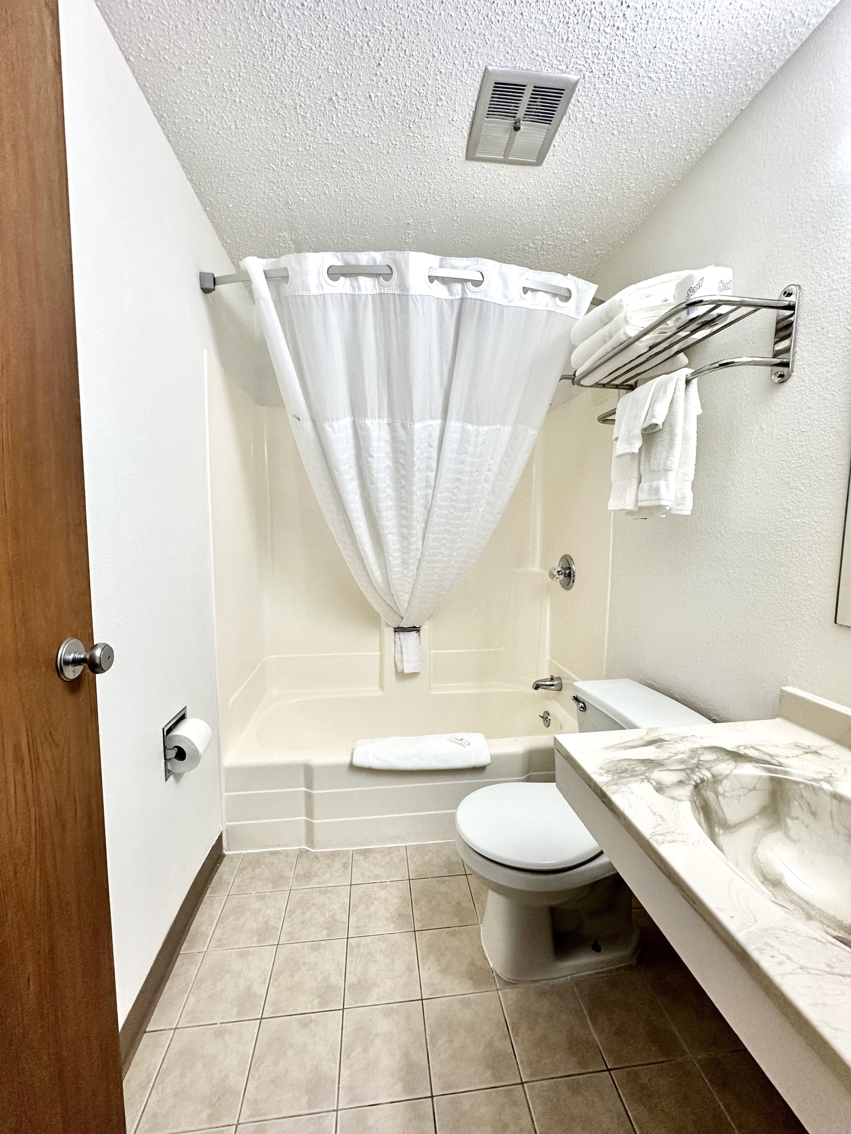 Combined shower/bathtub, free toiletries, hair dryer, towels