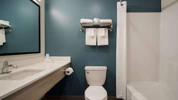 Hair dryer, soap, shampoo, toilet paper