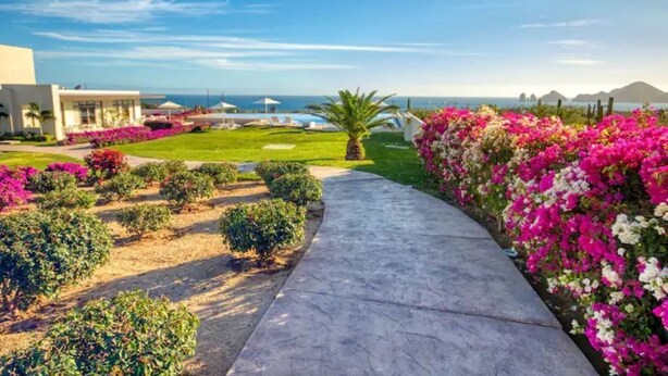 Un jardín ajardinado con un sendero que lleva a una zona de piscina, rodeado de flores vibrantes y follaje.