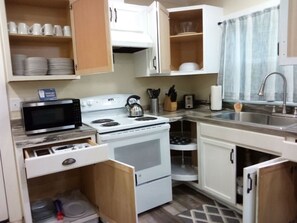 A compact kitchen with white cabinets, a microwave, stove, and sink. - Modern Home, Great Deck & Yard- Peaceful at Potter (Mobile)