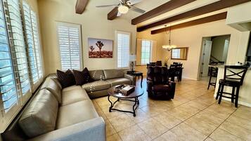 Smart TV, fireplace, DVD player, books