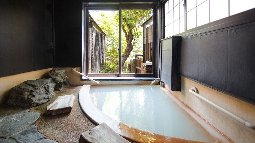 A traditional Japanese onsen with a stone bath, wooden benches, and a view of a tree through a sliding door.