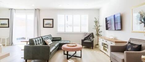 Smart TV, fireplace, books