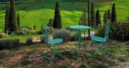 Mascagni farmhouse among the olive trees and the Tuscan hills in the Val d'Orcia