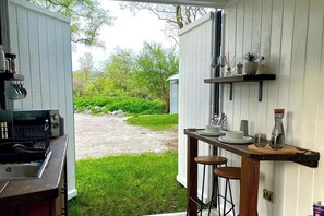 Fridge, microwave, electric kettle, toaster