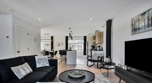 TV, fireplace, books