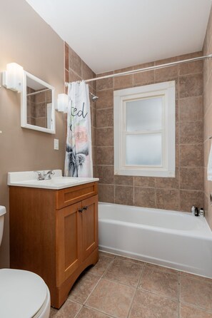 Hair dryer, towels, soap, shampoo