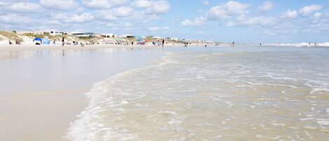 On the beach, sun-loungers, beach towels