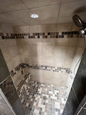 Douche, serviettes fournies, savon, shampoing