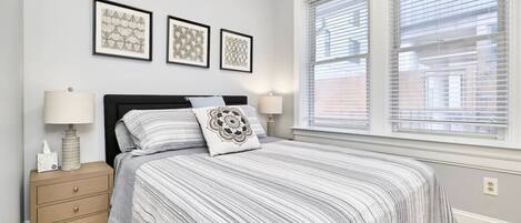 1 bedroom, memory-foam beds, desk, iron/ironing board