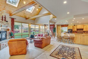 Smart TV, fireplace, books