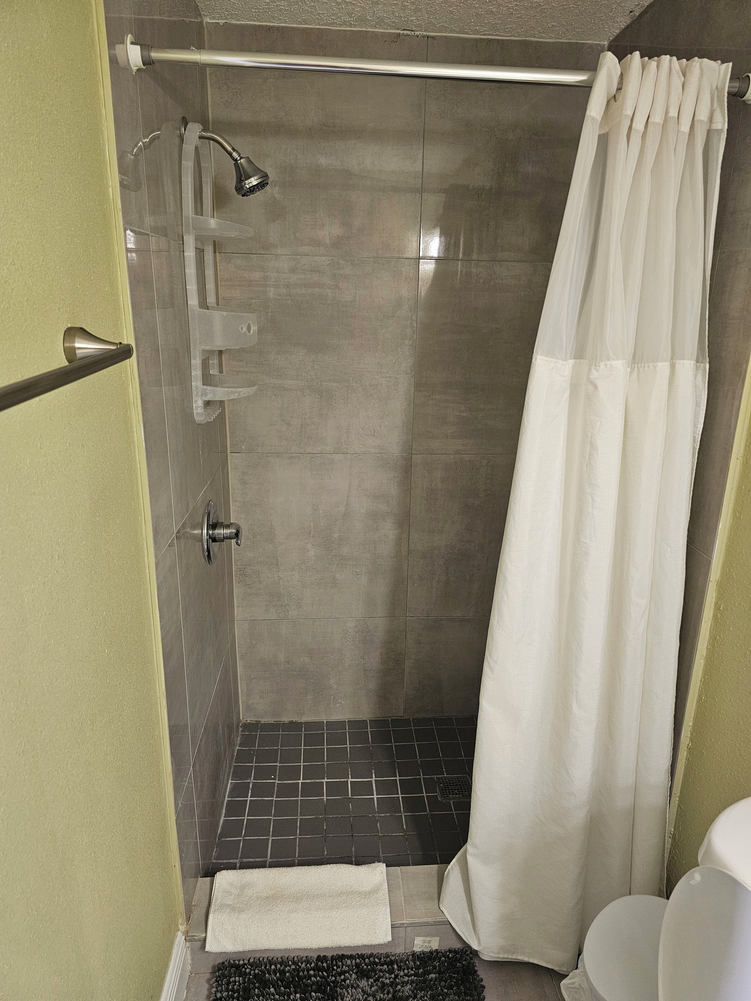 Hair dryer, towels, soap, shampoo