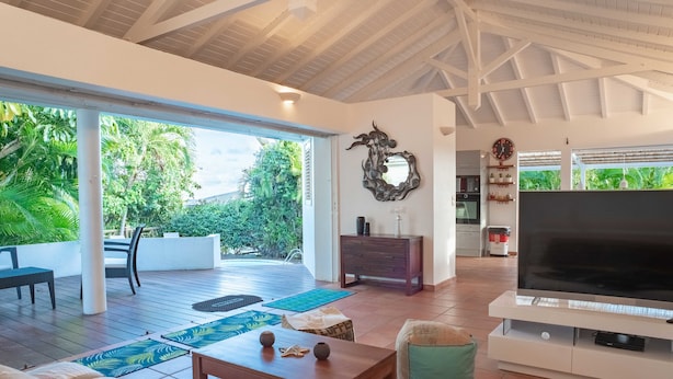 A spacious living area with a large TV, wooden furniture, and a view of lush greenery outside. - Villa Douceur Caraïbes, 500m from the beach, pool under the palm trees (Saint-Francois)