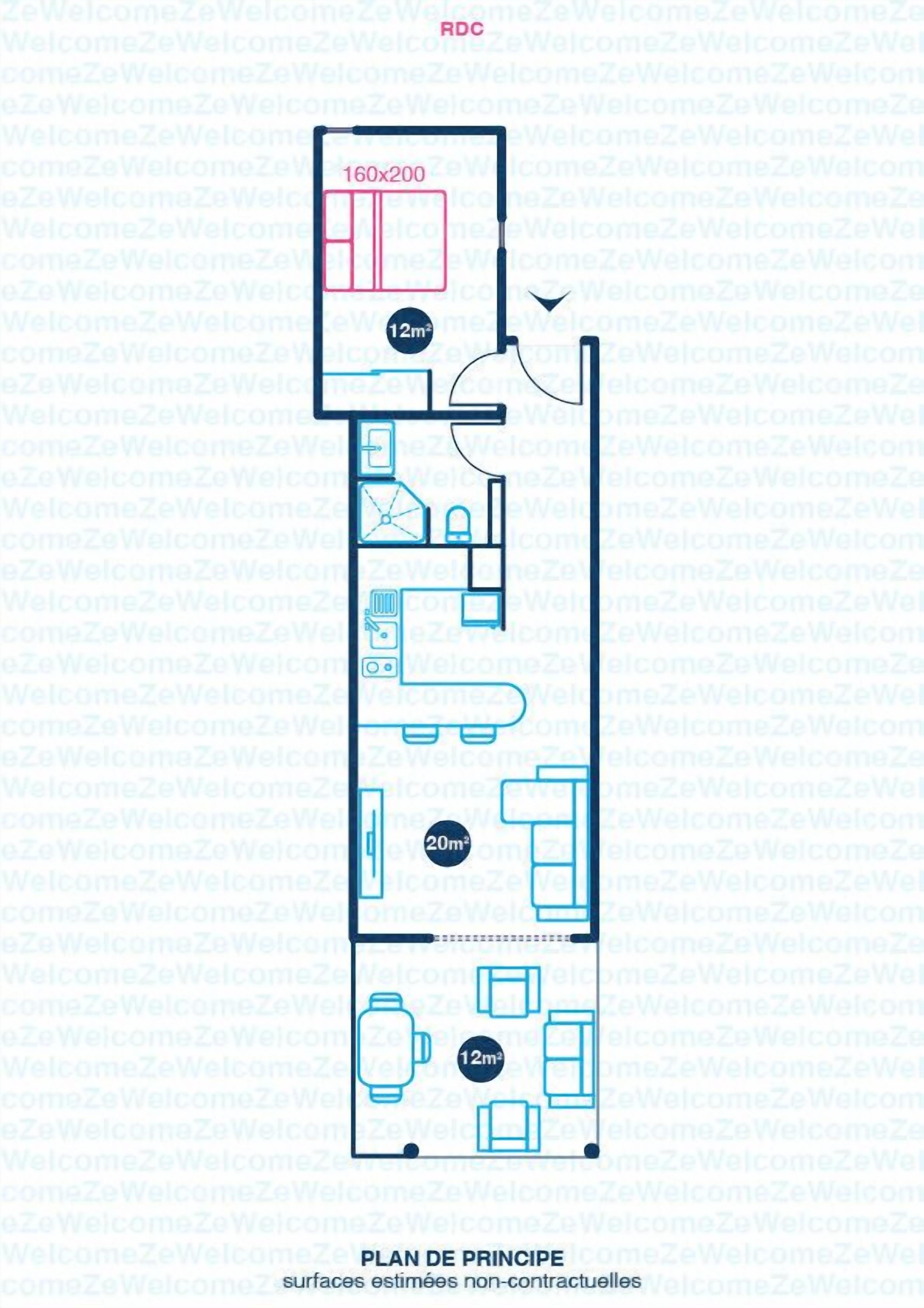 A floor plan of a hotel room with a 160x200 bed, a 12m² bathroom, a 20m² living area, and a 12m² dining area.