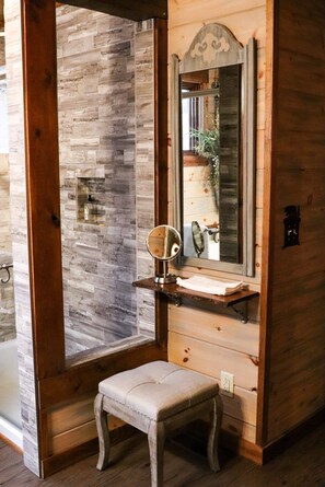 Jetted bath, hair dryer, towels, soap