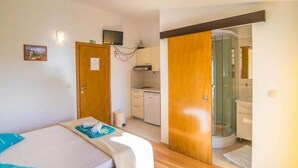A bedroom with a bed, a small desk, a TV, and a bathroom with a shower.