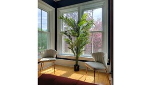 A room with two white chairs, a red sofa, and a large window with a view of trees.