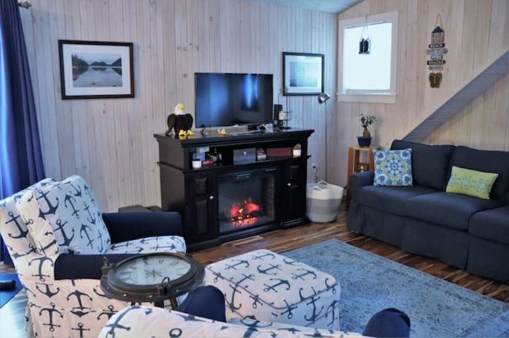 Smart TV, fireplace, books, stereo