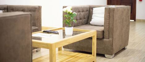 A living room with a sofa, a coffee table, and a potted plant.