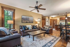 TV, fireplace, books