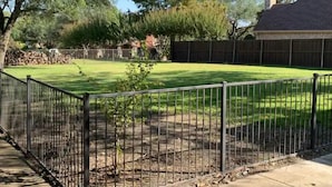 Un patio trasero cercado con césped cuidado, un árbol pequeño y un muro de piedra.