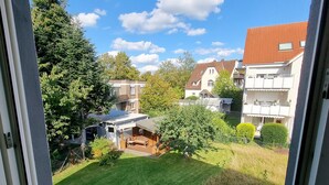 Vista a través de una ventana de una zona residencial con césped, una terraza de madera y casas con tejados rojos.
