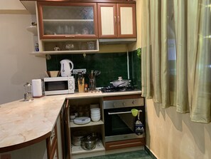 Fridge, microwave, oven, electric kettle