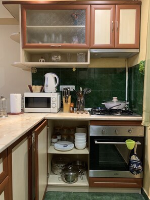 Fridge, microwave, oven, electric kettle