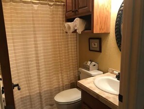Hair dryer, towels, soap, shampoo