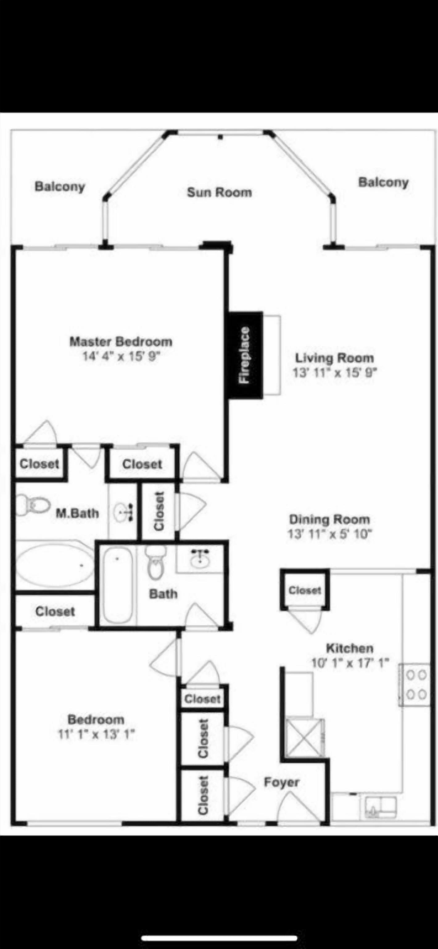 A floor plan of a house with a master bedroom, living room, dining room, kitchen, bathroom, and two bedrooms.