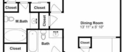 A floor plan of a house with a master bedroom, living room, dining room, kitchen, bathroom, and two bedrooms.